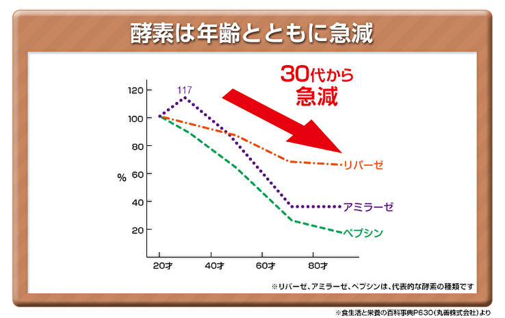 グラフ：酵素は年齢とともに急減