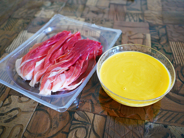 「生ハム」と「コーンスープ」