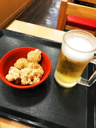 なか卯　唐揚げ5個150円と生ビール小150円