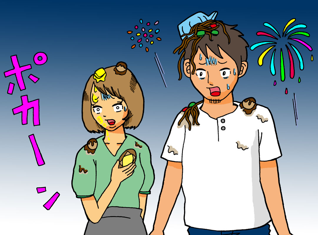 屋台グルメを投げつけられて