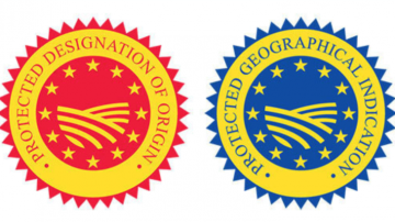 左：DOPマーク（保護指定原産地表示）／右：IGPマーク（指定原産地表示）
