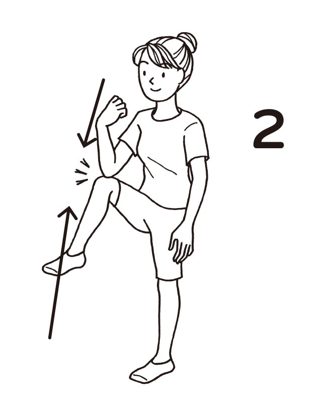 ほかほかストレッチ「足上げガッツポーズストレッチ」2