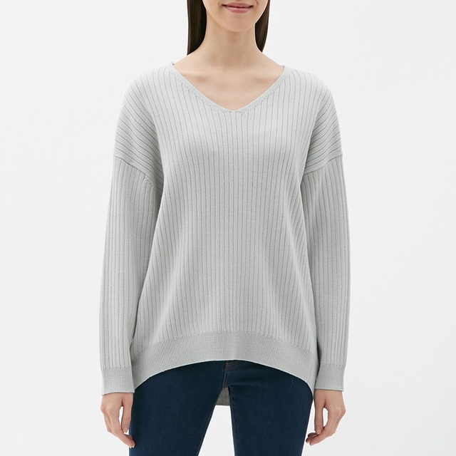 ワイドリブVネックニットチュニック(長袖)