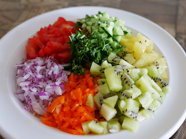 レインボーソース・食材／パプリカ、紫玉ねぎ、キウイフルーツ、ミニトマト、キュウリ、パクチー