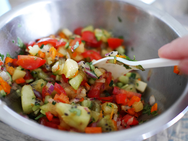 レインボーソース・食材／パプリカ、紫玉ねぎ、キウイフルーツ、ミニトマト、キュウリ、パクチー