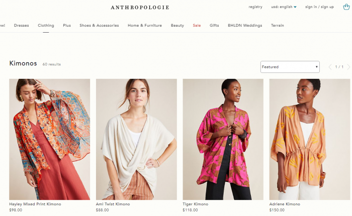 KIMONOで検索すると多くの「キモノ」と名付けられた洋服が出てくる（画像：anthropologieより）