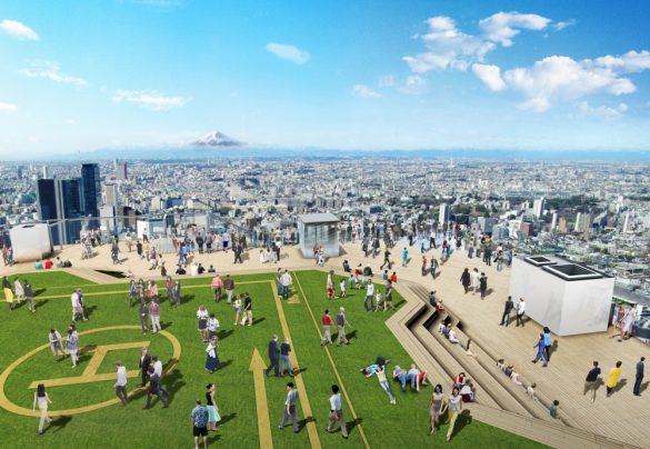 渋谷スクランブルスクエア第I期(東棟)SHIBUYA SKY 屋上展望空間と富士山の眺望イメージ