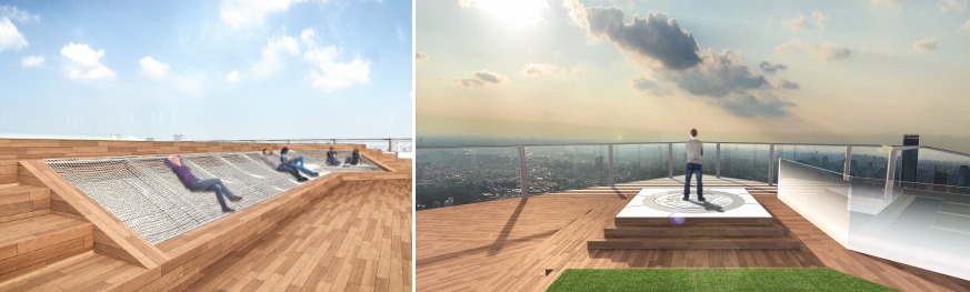 渋谷スクランブルスクエア第I期（東棟）SHIBUYA SKY　左：「CLOUD HAMMOCK」イメージ、右：「GEO COMPASS」イメージ