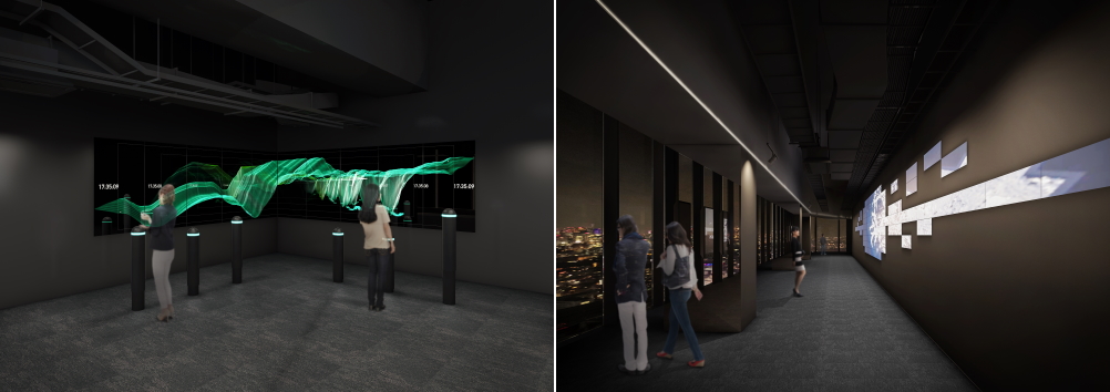 渋谷スクランブルスクエア第I期（東棟）SHIBUYA SKY　 左：「TIME RIVER」イメージ、右：「DATA SCAPE」イメージ