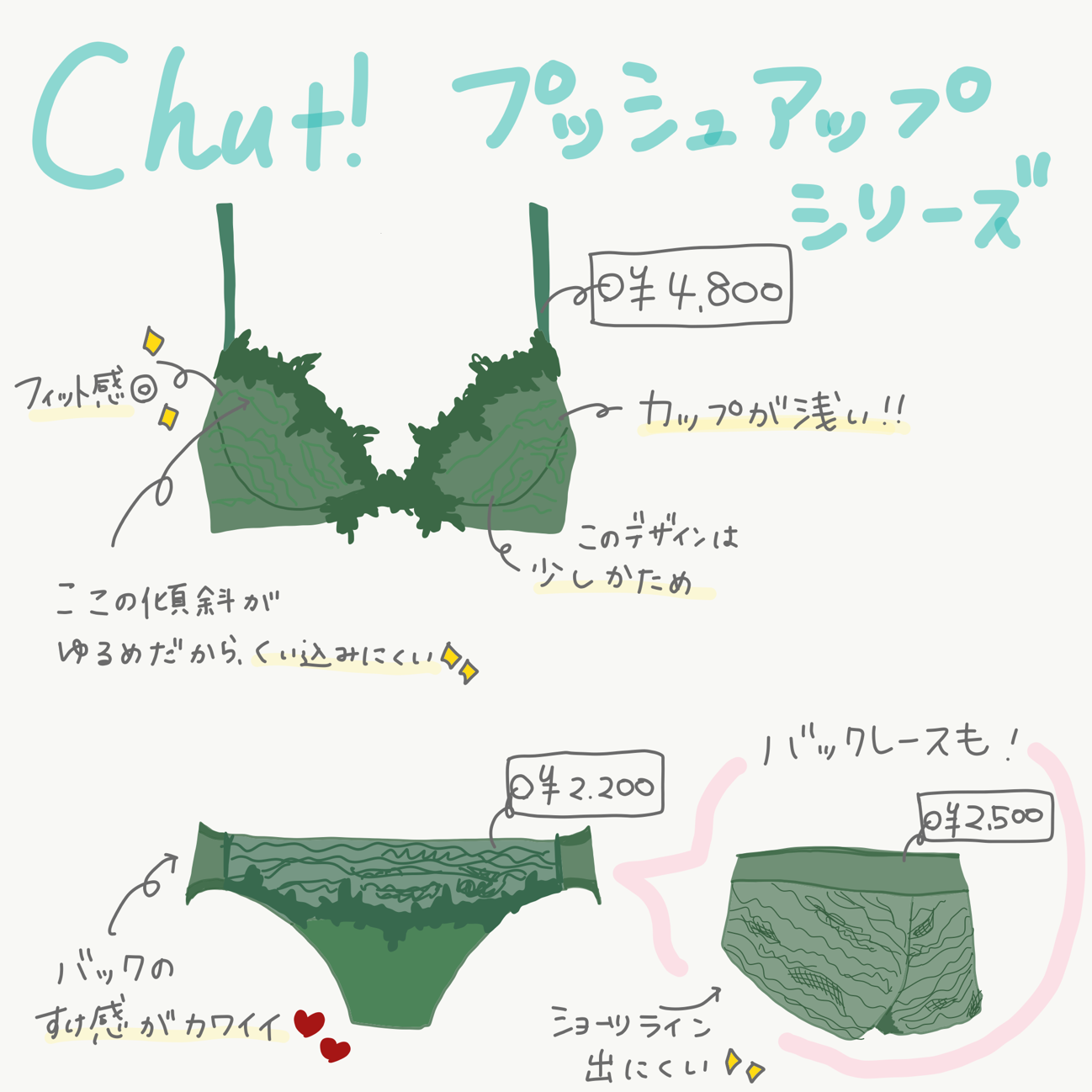 Chut！ INTIMATES「プッシュアップブラ」￥4,800、「ビキニショーツ」￥2,200「フレアショーツ」￥2,500