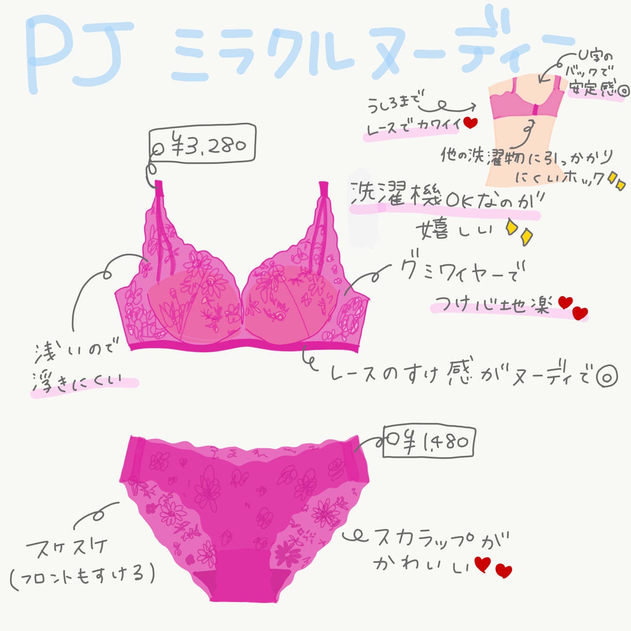 PEACH JOHN「ミラクルヌーディ（Ｒ）ブラ」￥3,280、「ミラクルヌーディ（Ｒ）パンティ」￥1,480