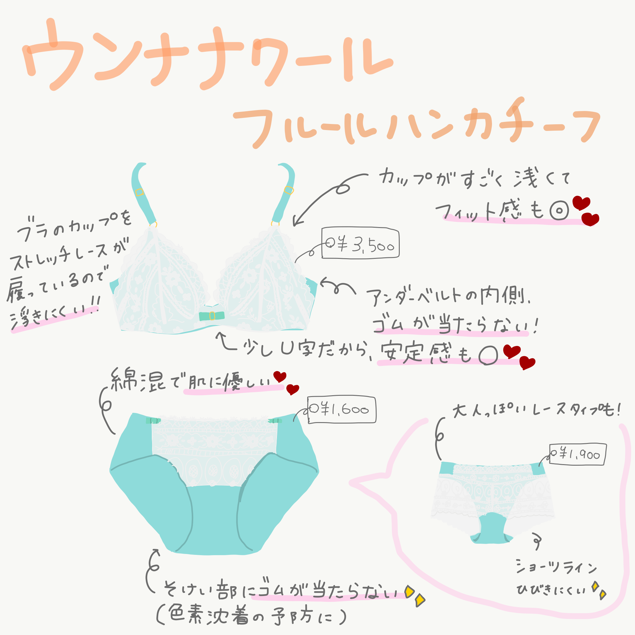 ウンナナクール　ビタードットコットンシリーズ「フルールハンカチーフ　３／４カップブラ」¥ 3,500、「ショーツ」￥1,600、「ボーイレングス」￥1,900