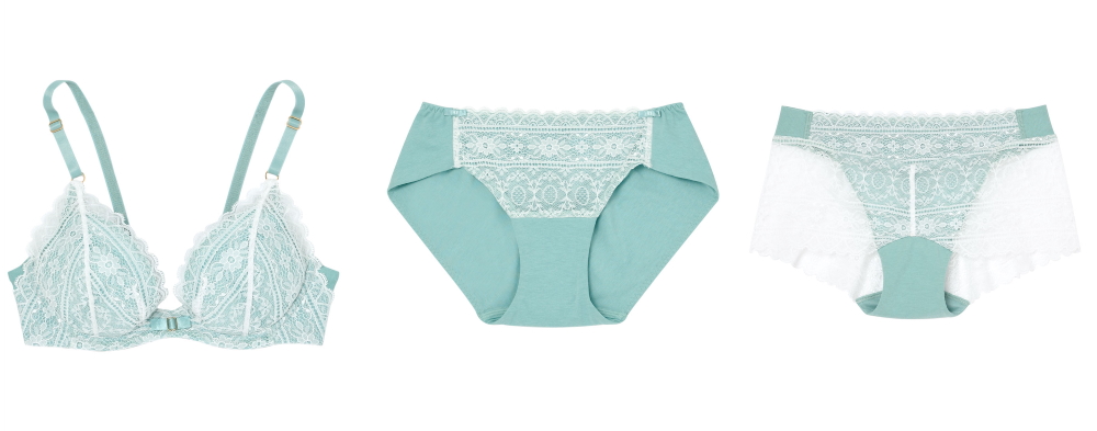 ウンナナクール　フルールハンカチーフシリーズ「３／４カップブラ」¥ 3,500、「ショーツ」￥1,600、「ボーイレングス」￥1,900