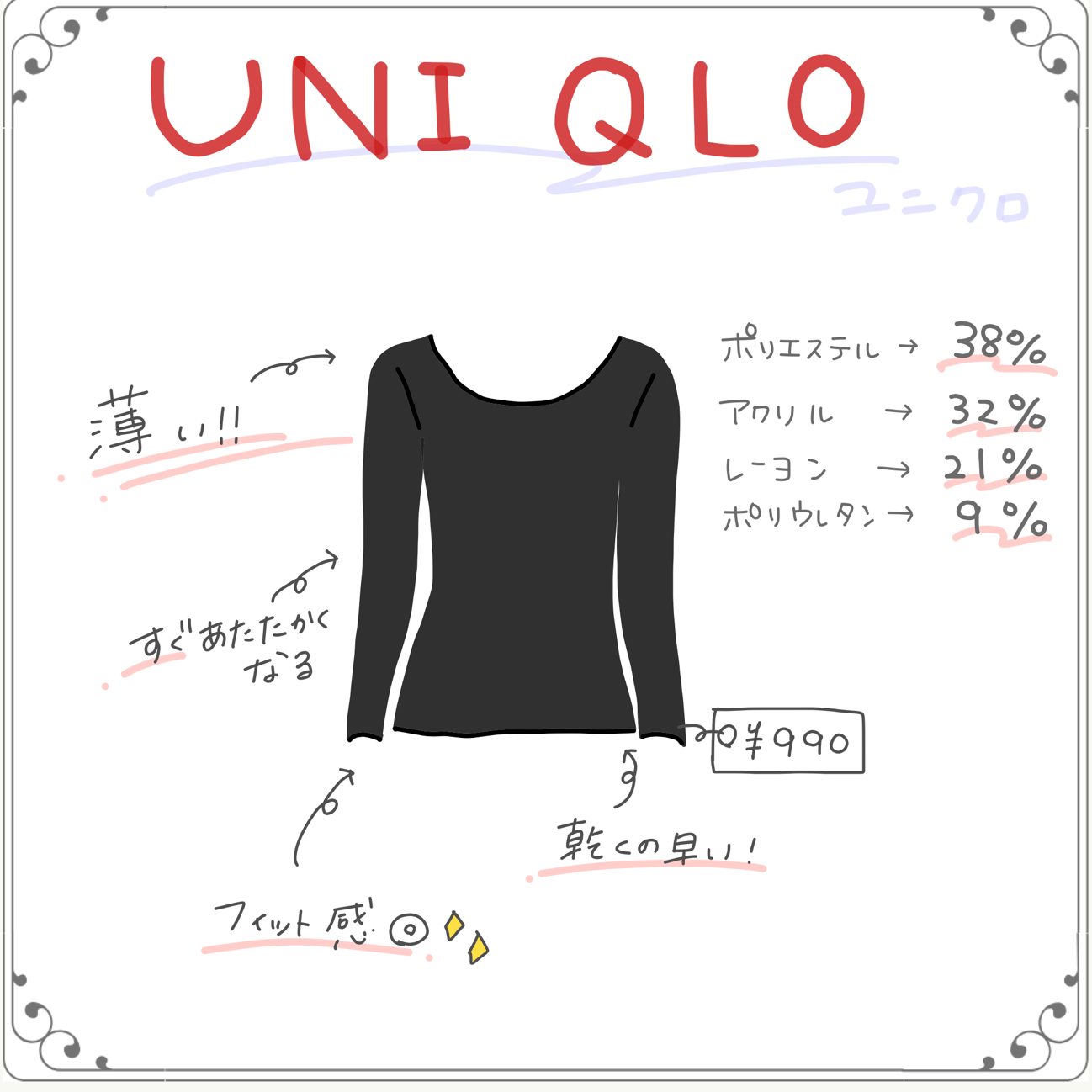 ユニクロ「ヒートテッククルーネックT（長袖）」￥990