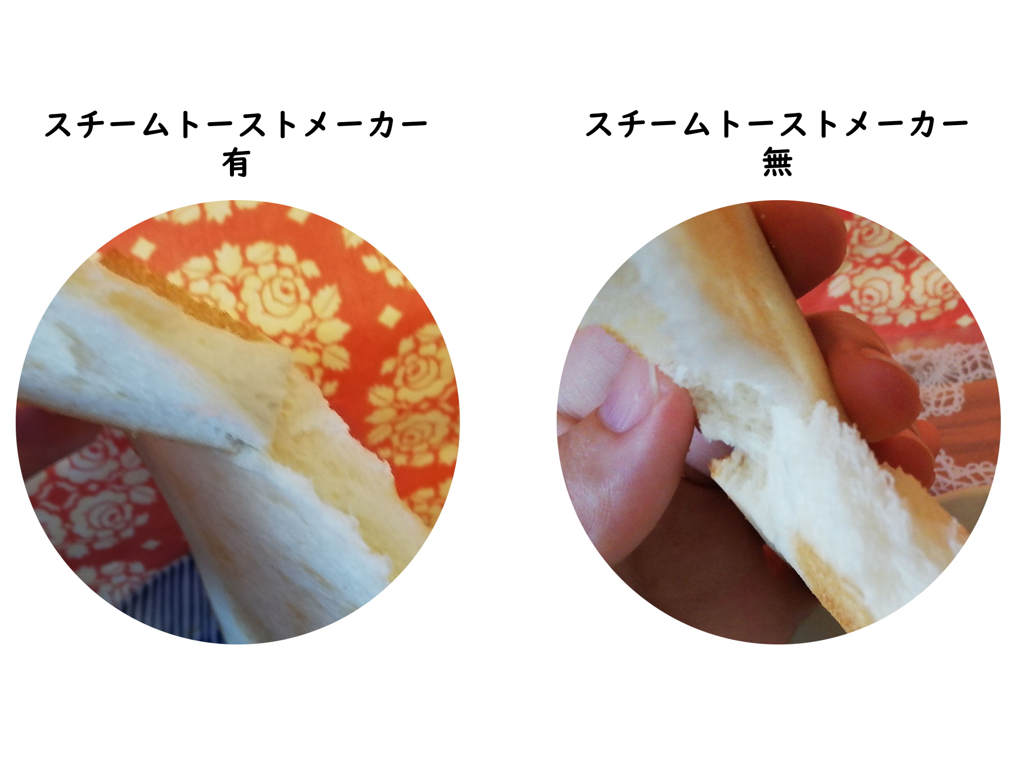 スチームトーストメーカー無と有で焼いたトースト