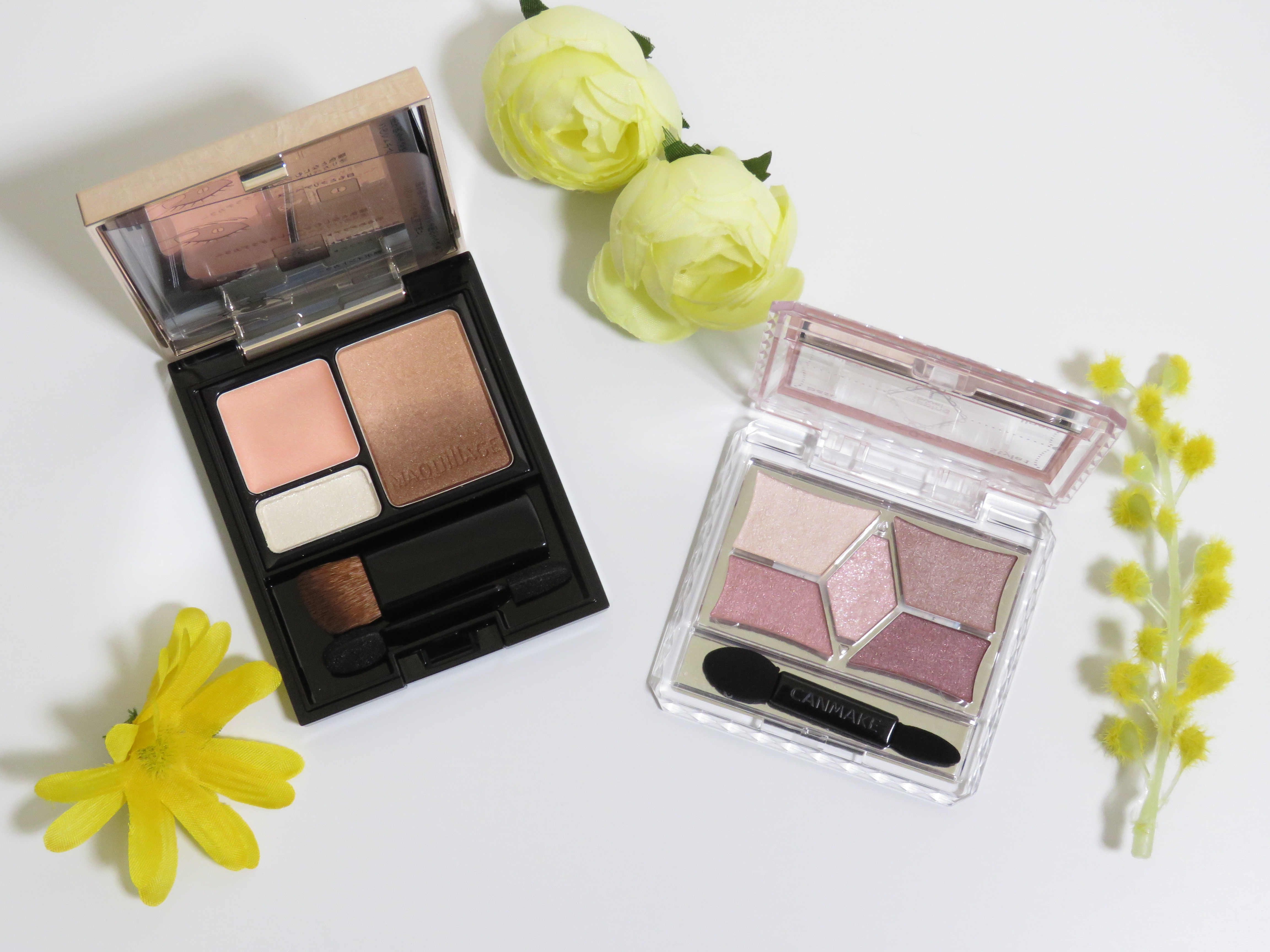 マキアージュ「ドラマスティックスタイリングアイズS　BE233 キャラメルミルクティー」¥2,800 キャンメイク「パーフェクトスタイリストアイズ　21 ストロベリーミルクモカ」¥780