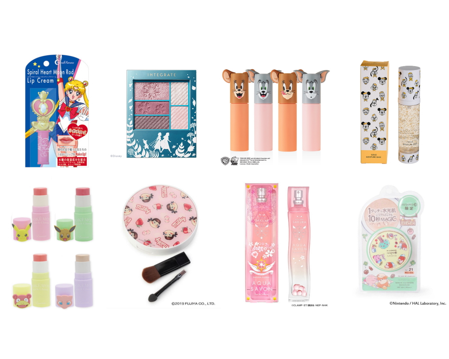 キャラクターコスメ8選　セーラームーン、アナと雪の女王、トムとジェリー、ディズニー、ペコちゃん、ポケモン、カードキャプターさくら、カービィ