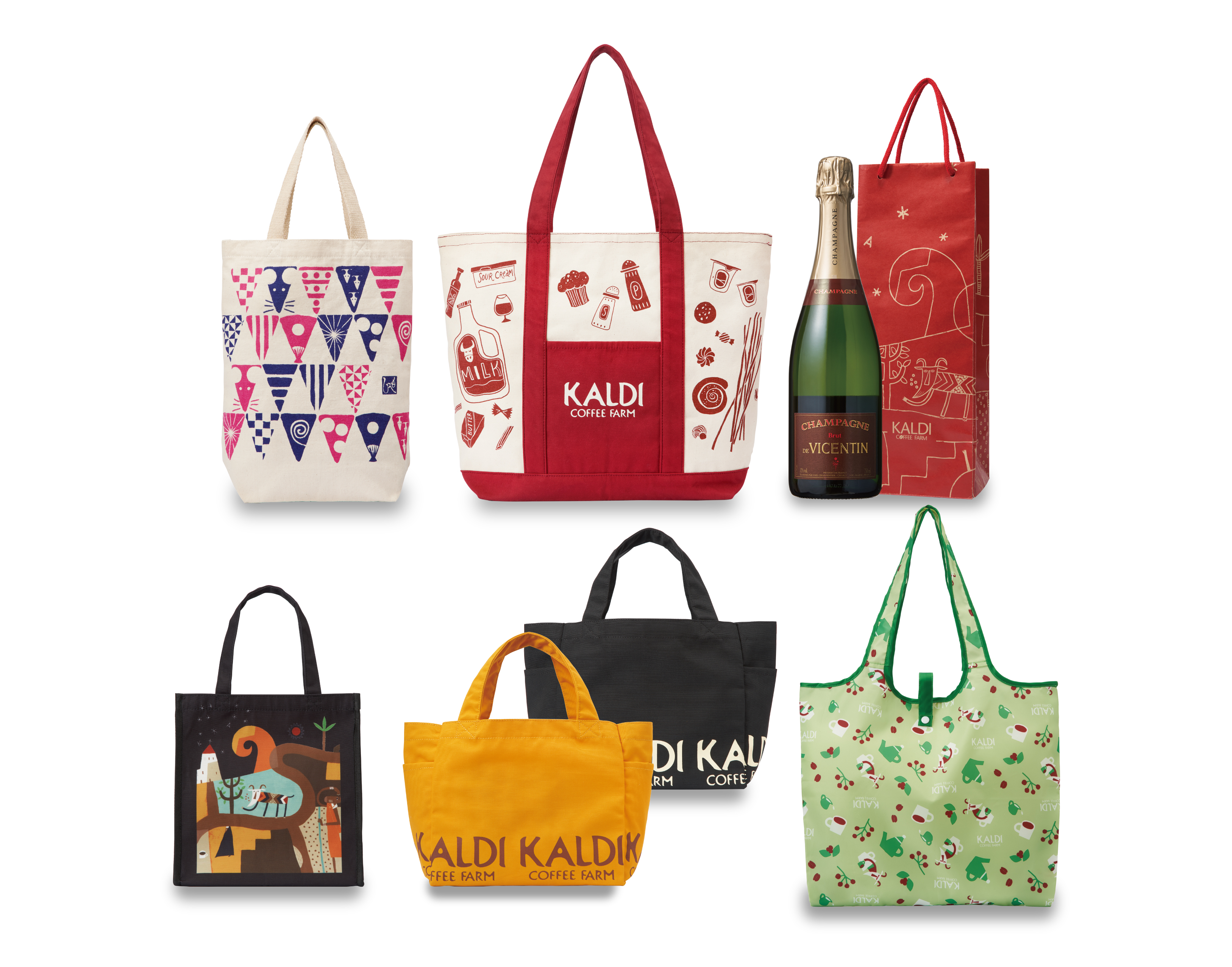 カルディ福袋（左上からすべて税込み） 「もへじ 和の福袋」￥2,000 「食品福袋」￥3,500 「ワイン福袋 シャンパーニュ」￥2,800 「オリジナル商品福袋」税込￥1,800 「コーヒー福袋 人気セット」￥1,700（黄色） 「コーヒー福袋 こだわりセット」￥2,700（黒） 「コーヒー福袋 ⼈気ドリップコーヒーセット」￥2,000