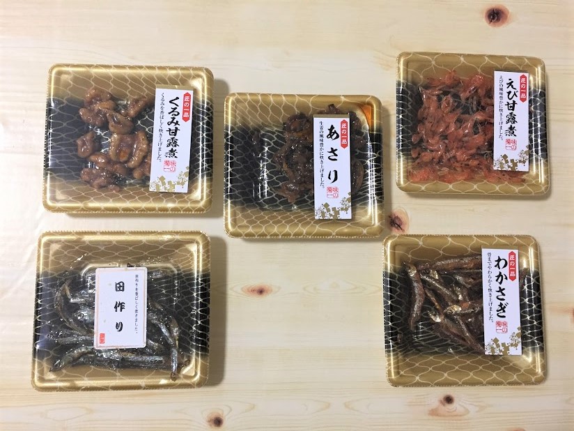 ローソンストア100「100円おせち」くるみ甘露煮、あさり、えび甘露煮、わかさぎ、田作り　各100円