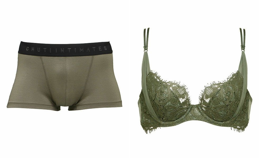 Chut! INTIMATES（シュット!インティメイツ）「MENS BOXER_M001」カーキ¥2,750、「シアーライトブラ_C273」カーキ¥5,280