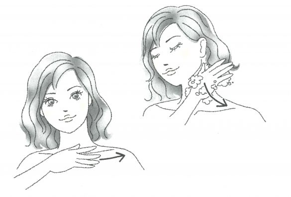 2. 人差し指と中指で鎖骨を挟みながら、ゆっくりやさしく内側から外側に流す。