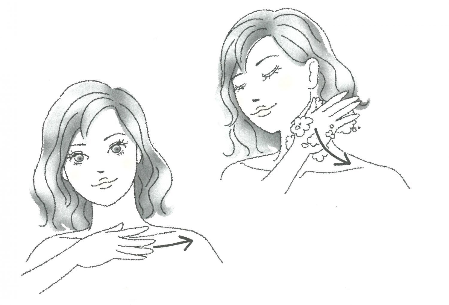 2. 人差し指と中指で鎖骨を挟みながら、ゆっくりやさしく内側から外側に流す。