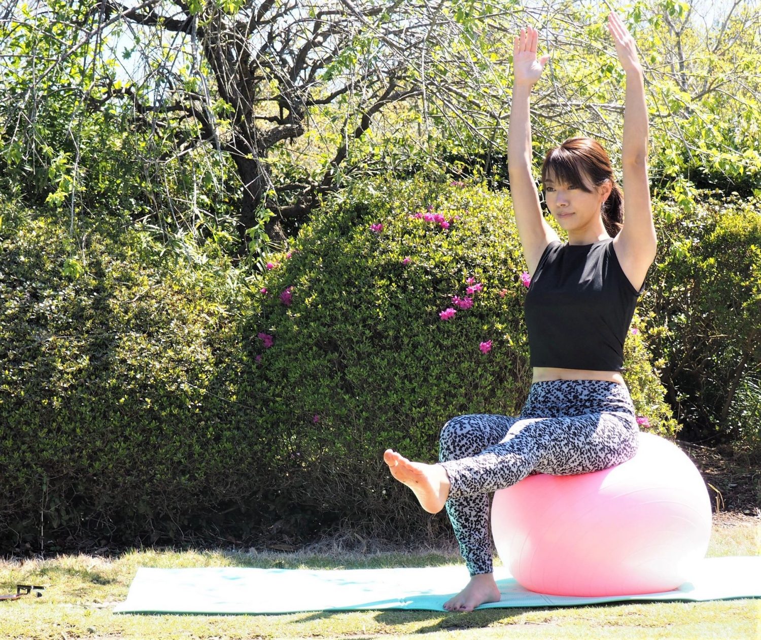 （3） 両手をバランスボールから離し、腕を真っすぐ上に伸ばす