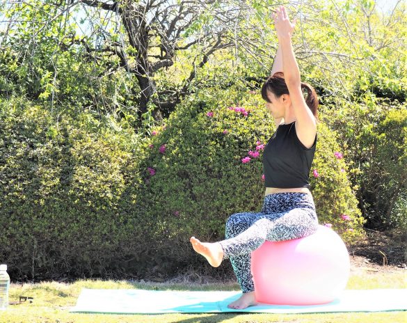 （4） 背筋を伸ばしたまま上半身を右側にねじる～1分間キープ