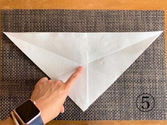 (5)逆三角形に戻し、中央部分にしっかりと折り目が付いていることを確認