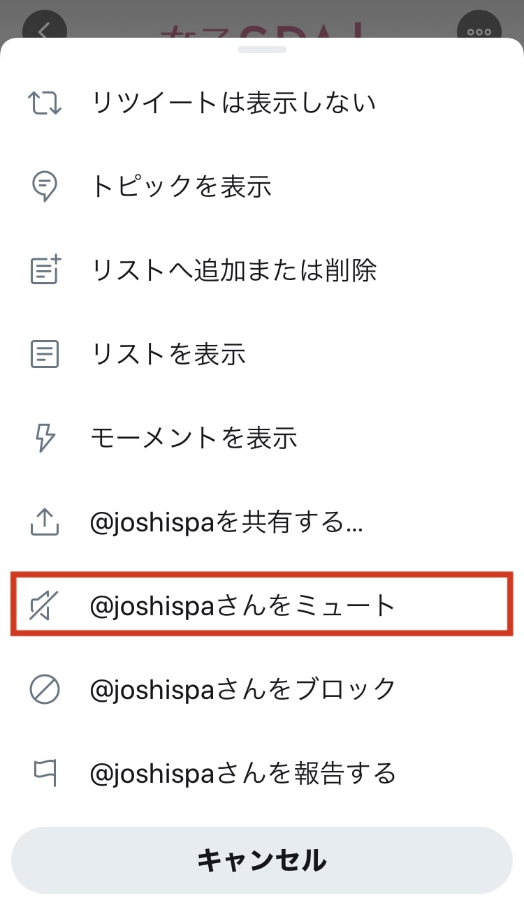 メニューが開くので、「@〜〜さんをミュート」を選択