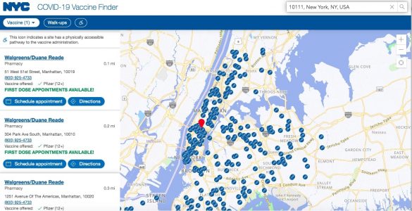 ニューヨークの接種予約サイトでワクチンの種類はしぼらず、予約なしで接種できる場所は40ヶ所以上
