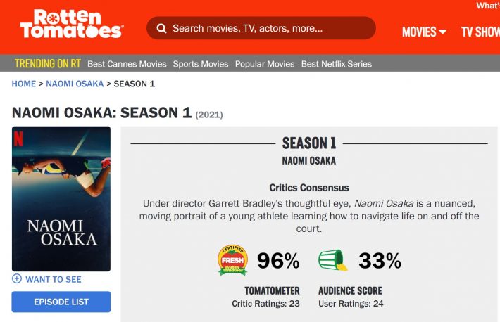 大坂なおみ（画像：ロッテントマト　Rotten Tomatoes より）