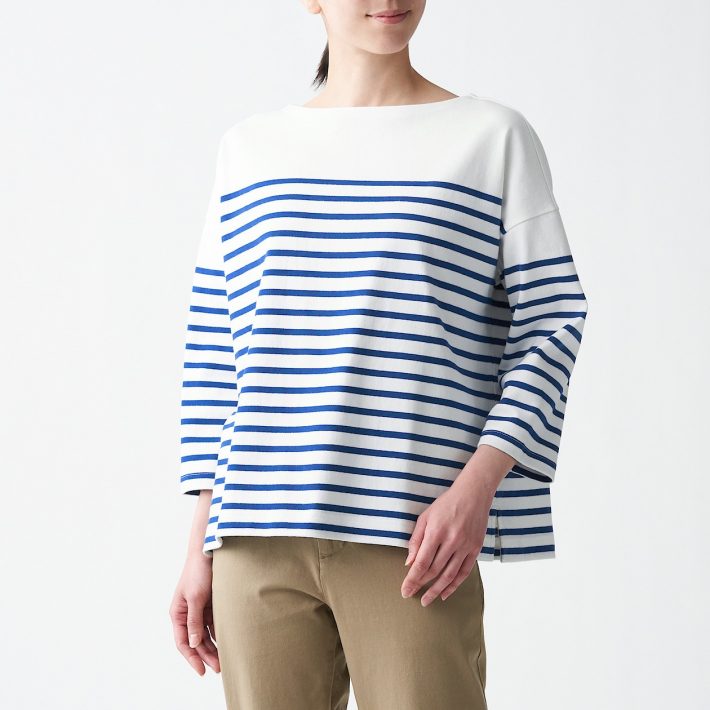 太番手天竺編みボートネック七分袖Ｔシャツ（パネル） 婦人Ｍ～Ｌ・ブルーボーダー