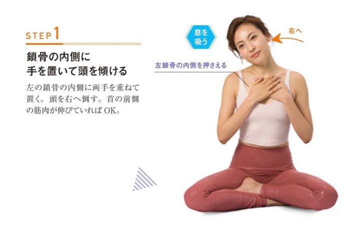 1. 鎖骨の内側に手を置いて頭を傾ける（息を吸う）