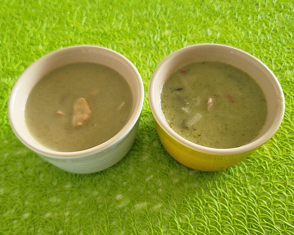 グリーンカレーをローソン（左）とセブンイレブン（右）で比較。ローソンの方がだいぶ辛く、セブンは香草感が強い。いずれも苦味のような後味が気になった