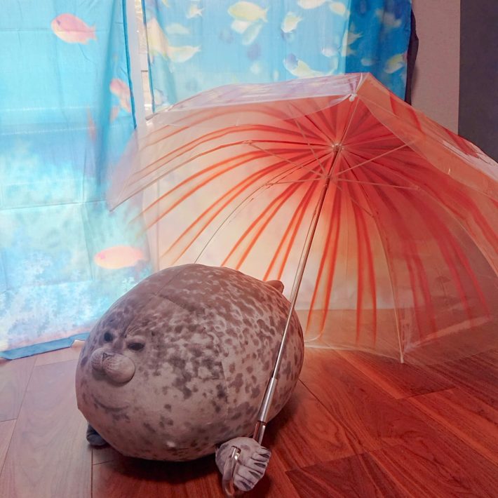 筆者所有のクラゲ傘（アカクラゲ）とアザラシのユキちゃん。後ろのカーテンもフェリシモの『海とかもめ部』のもの