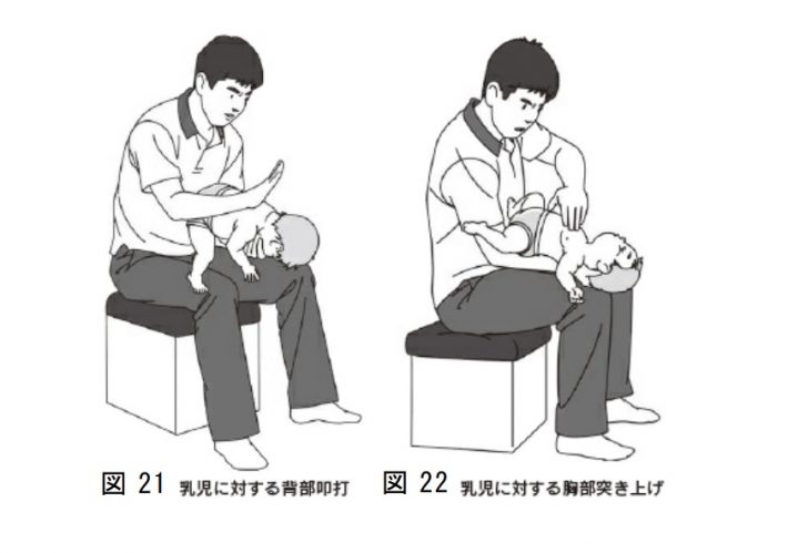乳児に対する背部叩打と、胸部突き上げ（消費者庁「食品による子どもの窒息・誤嚥事故に注意！」より）