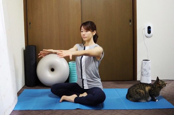 両方の親指が外側を向くように、手のひらをかえして、肩を外にまわす