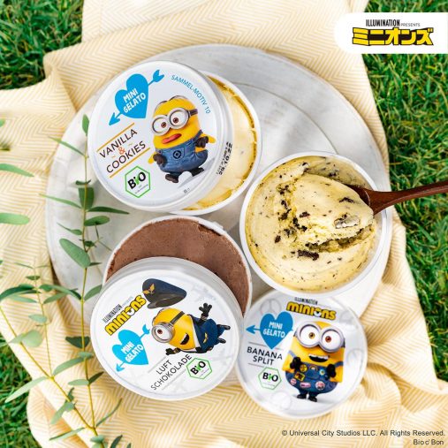 ダスアイス ミニオン(上から時計回りに)バニラ&クッキー、バナナスプリット、チョコレート 1059円(税込)