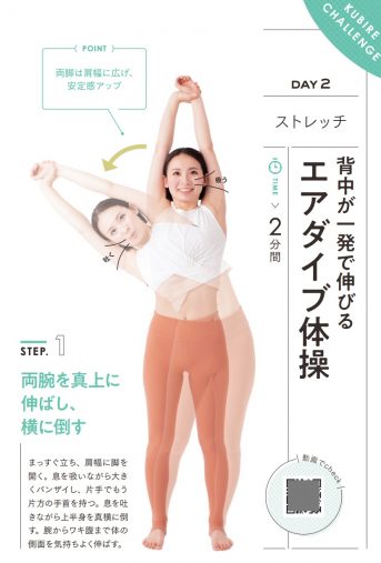 1. 両腕を真上に伸ばし、横に倒す