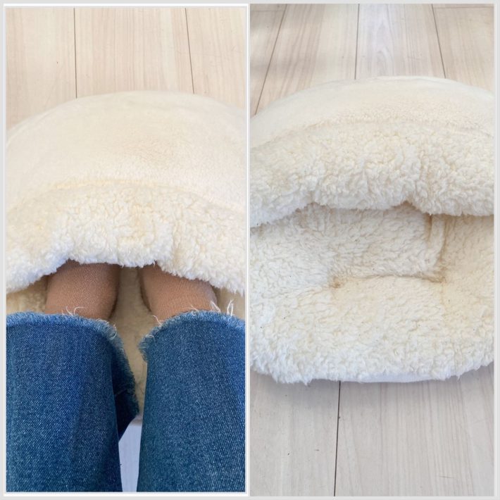 右：足を入れるとモフッとした感触。右：インテリアに馴染む上品な形。