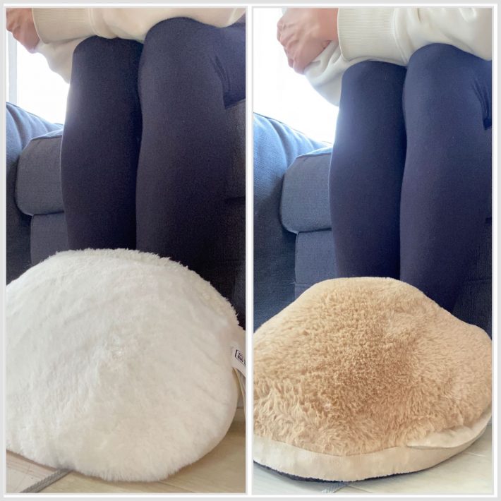 左：ニトリの「足ポカクッション」（税込1,490円）／右：ダイソーの「UBS式フットウォーマー」（税込1,100円）
