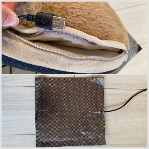 上：サイドのチャックからUBSシートを取り出せます。下：約22cmの四角いシートが。USBコードの長さは130cm。（ダイソー公式ページには140cmと記載がありますが接着部分を除くと130cmです）