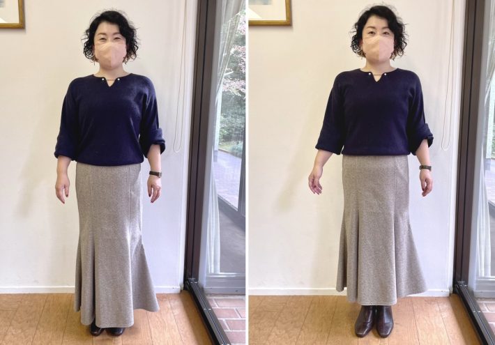 (左)スカート上げる前、(右)スカート上げた後