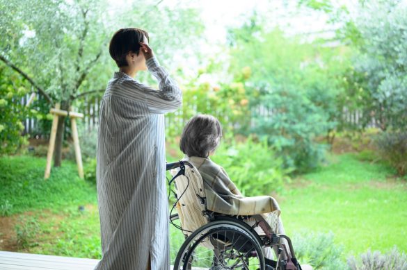 車椅子に乗ったシニア女性と介護する女性