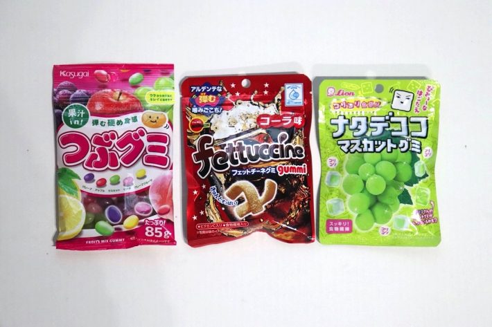 「つぶグミ」、「フェットチーネ コーラ味」、「ナタデココマスカットグミ」