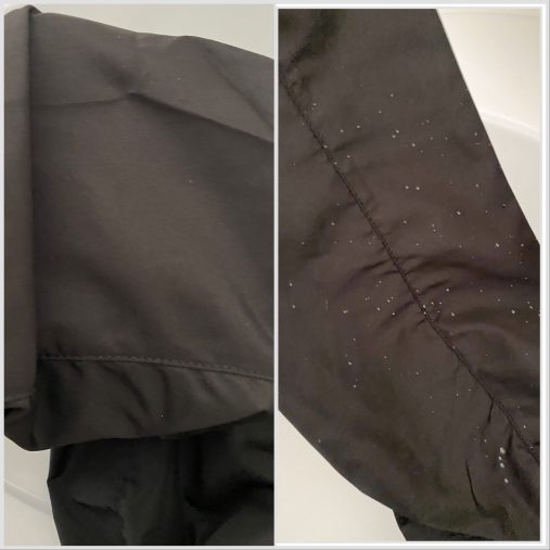 左：サラッとして濡れていない　右：最後の小さい粒状の水滴が滑り落ちるところ