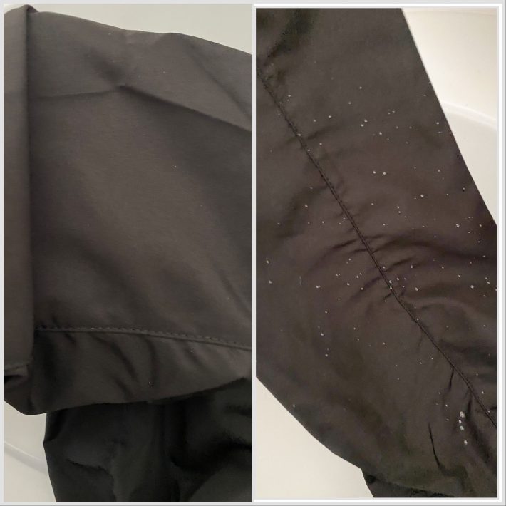 左：サラッとして濡れていない　右：最後の小さい粒状の水滴が滑り落ちるところ