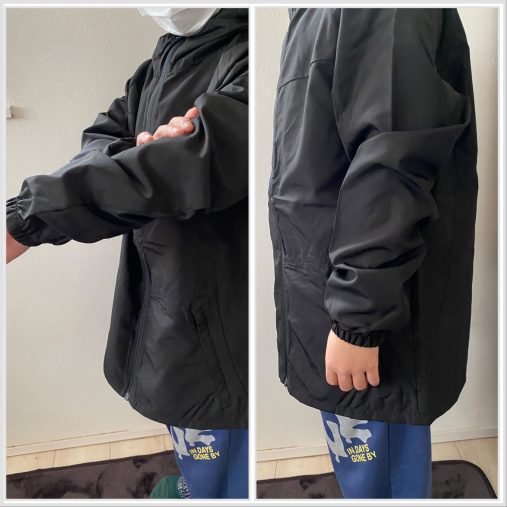 左：腕まくりしてみる　右：腕を下ろすとかなりダボダボ