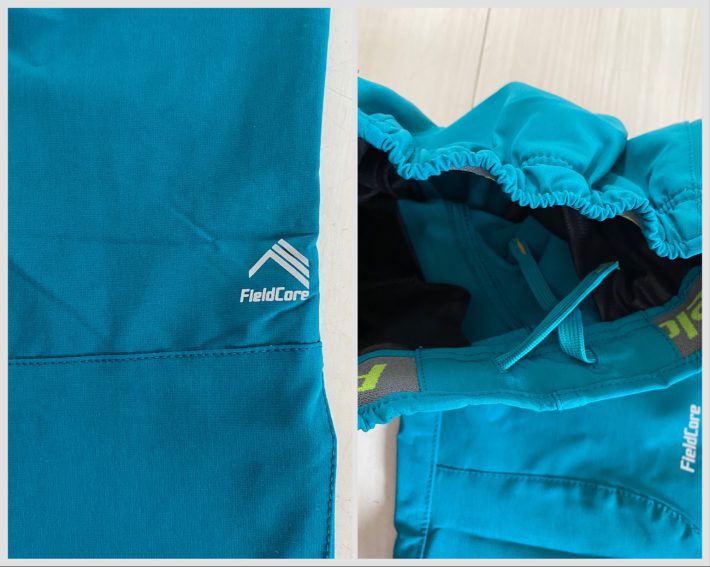 左：前後に反射マーク有り　右：ウエストはゴムと紐で調整